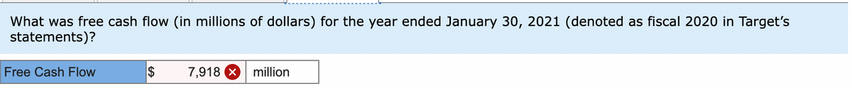 What was free cash flow (in millions of dollars) for the year ended January 30, 2021 (denoted as fiscal 2020 in Target's
statements)?
Free Cash Flow
$
7,918 X
million