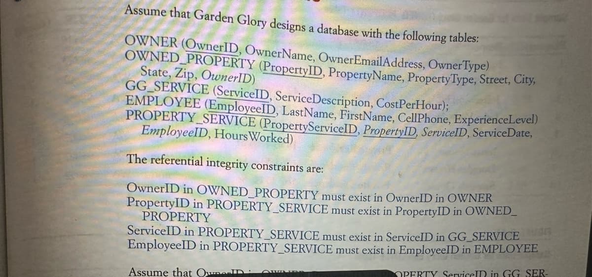 Assume that Garden Glory designs a database with the following tables:
OWNER (OwnerID, OwnerName, OwnerEmailAddress, Owner Type)
OWNED PROPERTY (PropertyID, PropertyName, Property Type, Street, City,
State, Zip, OwnerID)
GG SERVICE (ServiceID, ServiceDescription, CostPerHour);
EMPLOYEE (EmployeeID, LastName, FirstName, CellPhone, ExperienceLevel)
PROPERTY SERVICE (PropertyServiceID, PropertyID, ServiceID, ServiceDate,
EmployeeID, Hours Worked)
The referential integrity constraints are:
OwnerID in OWNED PROPERTY must exist in OwnerID in OWNER
PropertyID in PROPERTY_SERVICE must exist in PropertyID in OWNED_
PROPERTY
ServiceID in PROPERTY_SERVICE must exist in ServiceID in GG_SERVICE
EmployeeID in PROPERTY SERVICE must exist in EmployeeID in EMPLOYEE
Assume that Own
OPERTY ServiceID in GG SER