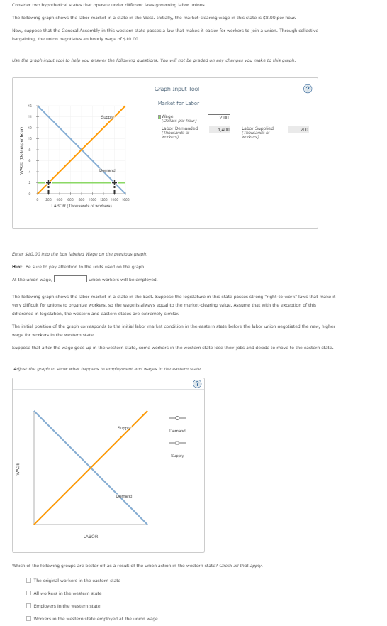 Consider two hypothetical states that operate under different laws governing labor unions.
The following graph shows the labor market in a state in the West. Initially, the market-clearing wage in this state is $8.00 per hour.
Now, suppose that the General Assembly in this western state passes a law that makes it easier for workers to join a union. Through collective
bargaining, the union negotiates an hourly wage of $10.00.
Use the graph input tool to help you answer the following questions. You will not be graded on any changes you make to this graph.
DOW
Supply
Demand
0 200 400 GOD 800 1000 1200 1400 1000
LABOR (Thousands of workers)
Graph Input Tool
Enter $10.00 into the box labeled Wage on the previous graph.
Hint: Be sure to pay attention to the units used on the graph.
At the union wage,
union workers will be employed.
WAGE
Market for Labor
Wage
(Dollars per hour)
Labor Demanded
(Thousands of
workers)
Adjust the graph to show what happens to employment and wages in the eastern state
The original workers in the eastern state
All workers in the western state
Supply
X
Demand
LABOR
The following graph shows the labor market in a state in the East. Suppose the legislature in this state passes strong "right-to-work" laws that make it
very difficult for unions to organize workers, so the wage is always equal to the market-clearing value. Assume that with the exception of this
difference in legislation, the western and eastern states are extremely similar.
The initial position of the graph corresponds to the initial labor market condition in the eastern state before the labor union negotiated the new, higher
wage for workers in the western state.
Suppose that after the wage goes up in the western state, some workers in the western state lose their jobs and decide to move to the eastern state.
Employers in the western state
Workers in the western state employed at the union wage
2.00
Demand
1,400
Supply
Labor Supplied
(Thousands of
worker)
Which of the following groups are better off as a result of the union action in the western state? Check all that apply.
200