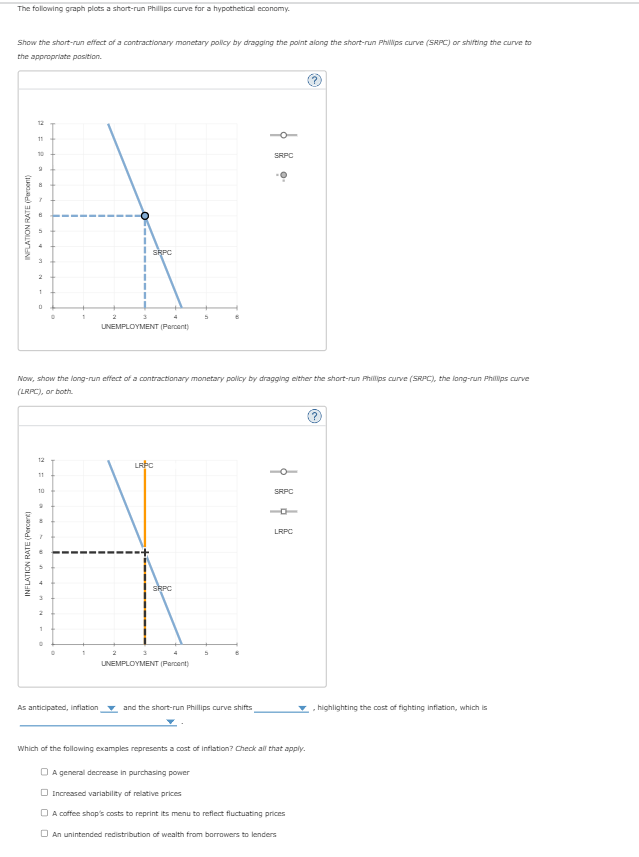 The following graph plots a short-run Phillips curve for a hypothetical economy.
Show the short-run effect of a contractionary monetary policy by dragging the point along the short-run Phillips curve (SRPC) or shifting the curve to
the appropriate position.
INFLATION RATE (Percent)
12
INFLATION RATE (Percent)
11
10
1
0
12
1
10
2
As anticipated, inflation
Now, show the long-run effect of a contractionary monetary policy by dragging either the short-run Phillips curve (SRPC), the long-run Phillips curve
(LRPC), or both.
SRPC
UNEMPLOYMENT (Percent)
2
LRPC
SRPC
5
UNEMPLOYMENT (Percent)
5
SRPC
and the short-run Phillips curve shifts
SRPC
LRPC
Which of the following examples represents a cost of inflation? Check all that apply.
A general decrease in purchasing power
Increased variability of relative prices
A coffee shop's costs to reprint its menu to reflect fluctuating prices
An unintended redistribution of wealth from borrowers to lenders
, highlighting the cost of fighting inflation, which is