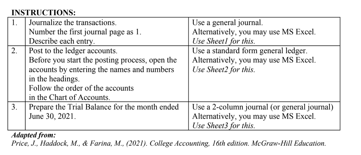 INSTRUCTIONS:
Use a general journal.
Alternatively, you may use MS Excel.
Use Sheetl for this.
Use a standard form general ledger.
Alternatively, you may use MS Excel.
Use Sheet2 for this.
1.
Journalize the transactions.
Number the first journal page as 1.
Describe each entry.
Post to the ledger accounts.
Before you start the posting process, open the
accounts by entering the names and numbers
in the headings.
Follow the order of the accounts
2.
in the Chart of Accounts.
Prepare the Trial Balance for the month ended
June 30, 2021.
Use a 2-column journal (or general journal)
Alternatively, you may use MS Excel.
Use Sheet3 for this.
3.
Adapted from:
Price, J., Haddock, M., & Farina, M., (2021). College Accounting, 16th edition. McGraw-Hill Education.
