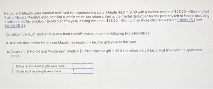 Harold and Maude were married and lived in a common-law state. Maude died in 2018 with a taxable estate of $26.20 million and left
it all to Harold. Maude's executor filed a timely estate tax return claiming the marital deduction for the property left to Harold including
a valid portability election. Harold died this year, leaving the entire $26.20 million to their three children.(Refer to Exhibit 25-1 and
Exhibit 25-2.)
Calculate how much estate tax is due from Harold's estate under the following two alternatives.
a. Assume that neither Harold nor Maude had made any taxable gifts prior to this year.
b. Assume that Harold and Maude each made a $1 million taxable gift in 2011 and offset the gift tax at that time with the applicable
credit.
Estate tax if no taxable gifts were made
Estate tax if taxable gifts were made