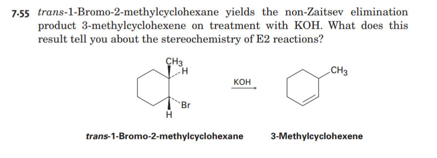 7-55 trans-1-Bromo-2-methylcyclohexane yields the non-Zaitsev elimination
product 3-methylcyclohexene on treatment with KOH. What does this
result tell you about the stereochemistry of E2 reactions?
CH3
.CH3
кон
Br
H
trans-1-Bromo-2-methylcyclohexane
3-Methylcyclohexene
