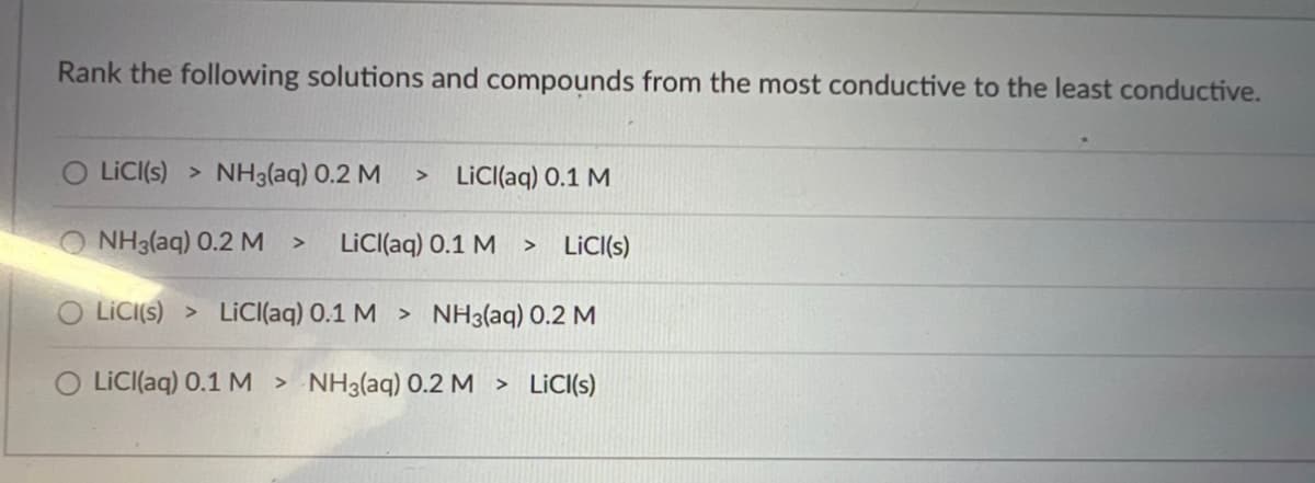 Rank the following solutions and compounds from the most conductive to the least conductive.
OLICI(s) > NH3(aq) 0.2 M > LiCl(aq) 0.1 M
ONH3(aq) 0.2 M > LiCl(aq) 0.1 M > LiCl(s)
LICI(s) > LiCl(aq) 0.1 M > NH3(aq) 0.2 M
O LiCl(aq) 0.1 M > NH3(aq) 0.2 M > LiCl(s)