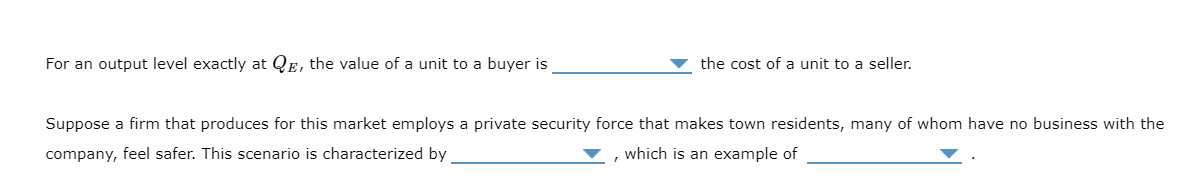 For an output level exactly at QE, the value of a unit to a buyer is
the cost of a unit to a seller.
Suppose a firm that produces for this market employs a private security force that makes town residents, many of whom have no business with the
company, feel safer. This scenario is characterized by
which is an example of
I