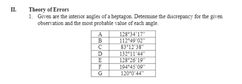 II.
Theory of Errors
1. Given are the interior angles of a heptagon. Determine the discrepancy for the given
observation and the most probable value of each angle.
ABCDEFG
128°34*17"
112°49'02"
83°12'38"
132°11'44"
128°26'19"
194°45'09"
120°0'44"