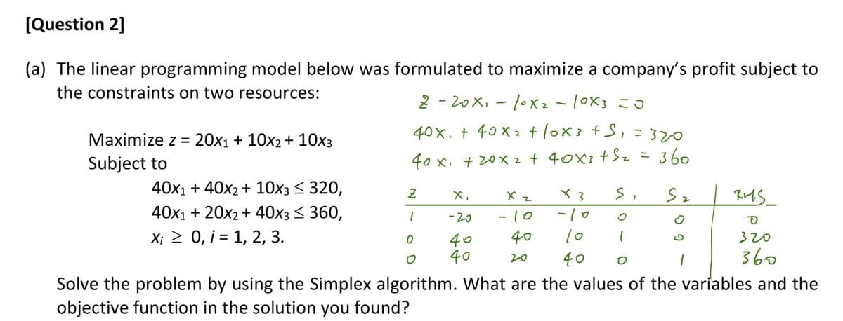 [Question 2]
(a) The linear programming model below was formulated to maximize a company's profit subject to
the constraints on two resources:
220x₁10x₂= 10x3 =O
40x. + 40x₂ + (0x3 + S₁ = 320
40 x₁ + 20x₂ + 40x³ + Sz
360
Sz
Maximize z = 20x₁ + 10x₂ + 10x3
Subject to
40x1 + 40x₂+ 10x3 ≤ 320,
40x1 + 20x₂ + 40x3 ≤ 360,
X₁ ≥ 0, i = 1, 2, 3.
Z
1
0
X,
-20
40
40
x z
-10
40
x3
-10
S,
7
10 1
20 40
RMS_
O
320
360
Solve the problem by using the Simplex algorithm. What are the values of the variables and the
objective function in the solution you found?