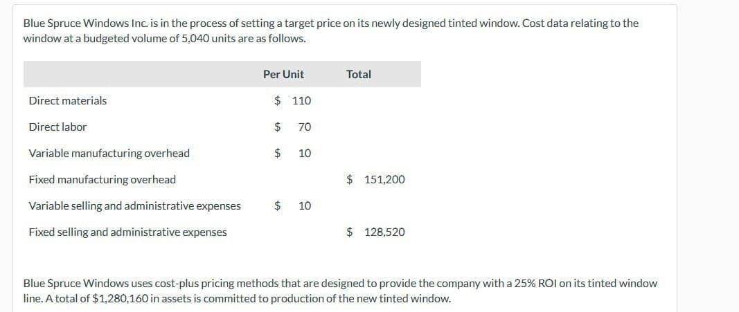 Blue Spruce Windows Inc. is in the process of setting a target price on its newly designed tinted window. Cost data relating to the
window at a budgeted volume of 5,040 units are as follows.
Per Unit
Total
Direct materials
$ 110
Direct labor
$ 70
Variable manufacturing overhead
$ 10
Fixed manufacturing overhead
$ 151,200
Variable selling and administrative expenses
$ 10
Fixed selling and administrative expenses
$ 128,520
Blue Spruce Windows uses cost-plus pricing methods that are designed to provide the company with a 25% ROI on its tinted window
line. A total of $1,280,160 in assets is committed to production of the new tinted window.