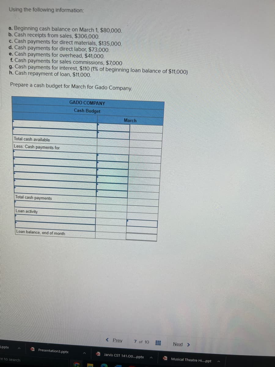 Using the following information:
a. Beginning cash balance on March 1, $80,00.
b. Cash receipts from sales, $306,000.
c. Cash payments for direct materials, $135,000.
d. Cash payments for direct labor, $73,000.
e. Cash payments for overhead, $41,000.
f. Cash payments for sales commissions, $7,000
g. Cash payments for interest, $110 (1% of beginning loan balance of $11,000)
h. Cash repayment of loan, $11,000.
Prepare a cash budget for March for Gado Company.
GADO COMPANY
Cash Budget
March
Total cash available
Less: Cash payments for
Total cash payments
Loan activity
Loan balance, end of month
< Prev
7 of 10
Next >
D-pptx
A Presentation3.pptx
1 Jarvis CST 141.00...pptx
A Musical Theatre Hi...ppt
re to search
