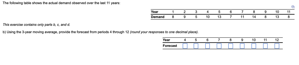 The following table shows the actual demand observed over the last 11 years:
Year
1
Demand 8
2
9
3
5
This exercise contains only parts b, c, and d.
b) Using the 3-year moving average, provide the forecast from periods 4 through 12 (round your responses to one decimal place).
Year
Forecast
4
5
4
10
6
5
13
7
6
7
8
7
11
9
8
14
10
9
8
11
10
13
12
11
8