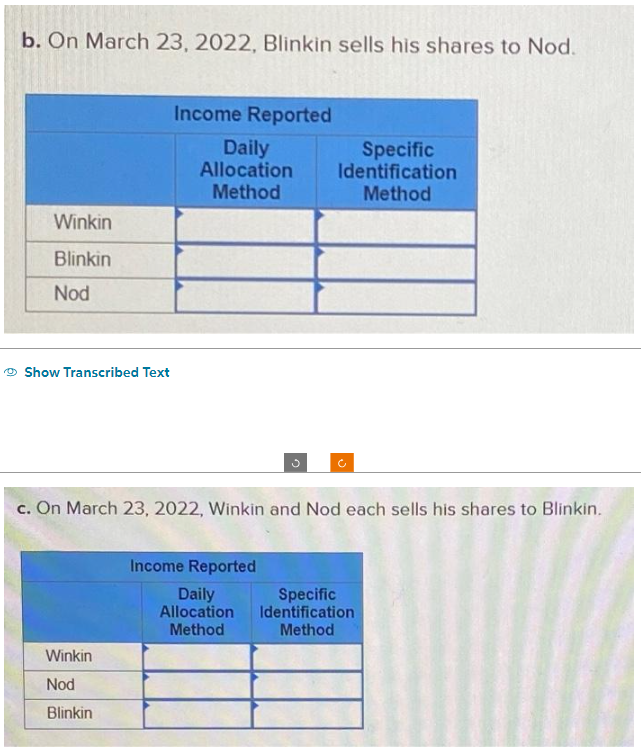 b. On March 23, 2022, Blinkin sells his shares to Nod.
Winkin
Blinkin
Nod
Show Transcribed Text
Income Reported
Daily
Allocation
Method
Winkin
Nod
Blinkin
g
c. On March 23, 2022, Winkin and Nod each sells his shares to Blinkin.
Income Reported
Daily
Allocation
Method
Specific
Identification
Method
Specific
Identification
Method