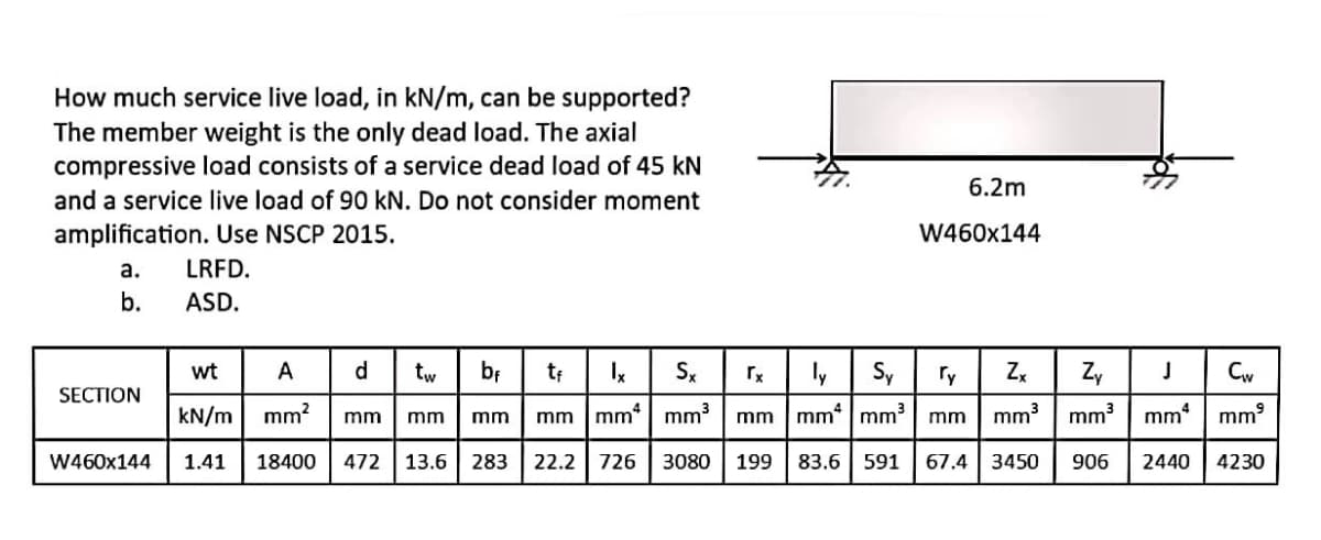 How much service live load, in kN/m, can be supported?
The member weight is the only dead load. The axial
compressive load consists of a service dead load of 45 kN
6.2m
and a service live load of 90 kN. Do not consider moment
amplification. Use NSCP 2015.
W460x144
а.
LRFD.
b.
ASD.
bf
Sy
Z,J
wt
A
tw
Ix
Sx
Ty
Zx
Cw
SECTION
kN/m mm?
mm mm*| mm3
mm mm mm| mm
mm3
mm3
mm
mm
mm
mm
mm
W460x144
1.41
18400
472 13.6
283
22.2 | 726
3080
199
83.6 | 591
67.4 3450
906
2440
4230
