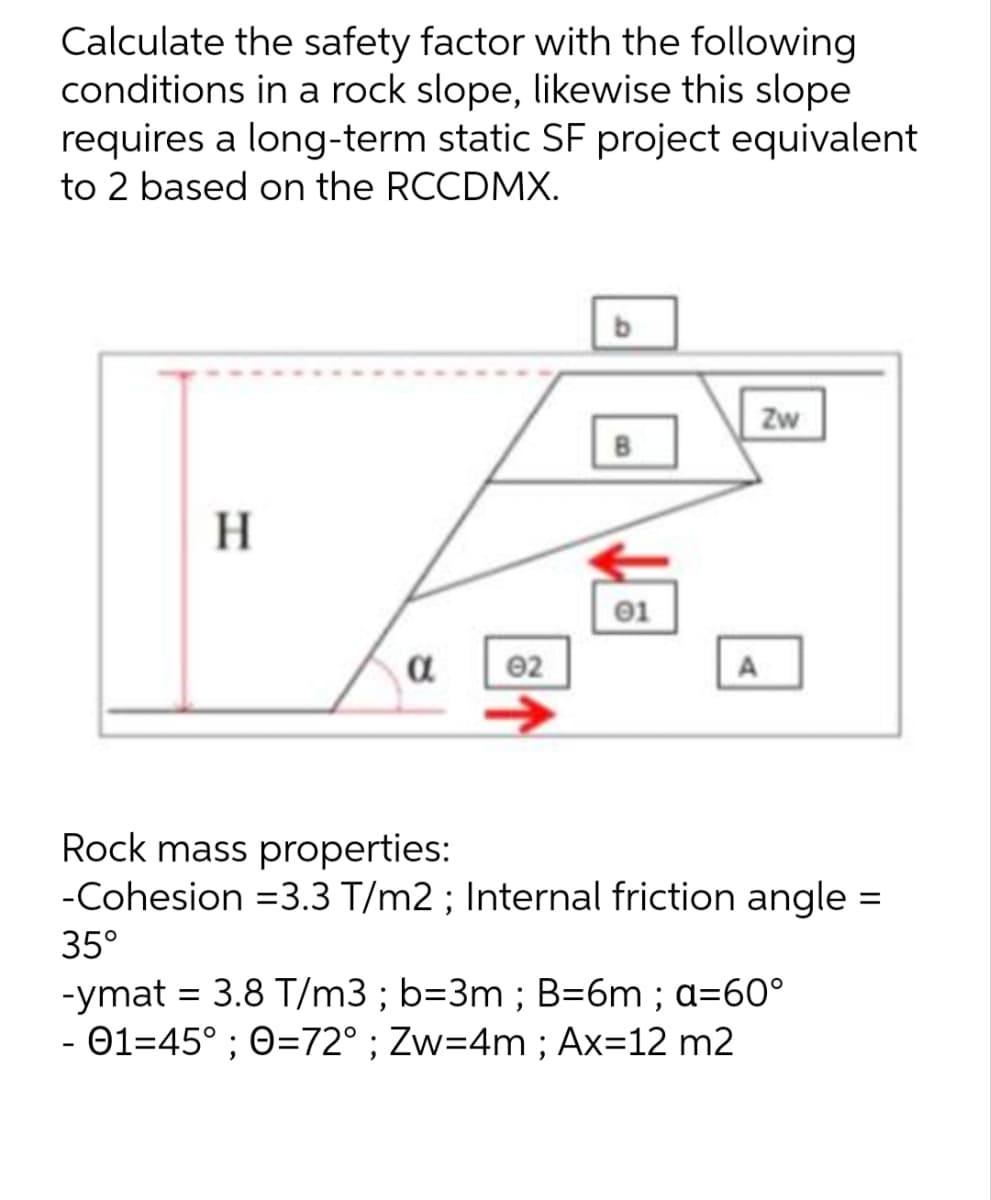 Calculate the safety factor with the following
conditions in a rock slope, likewise this slope
requires a long-term static SF project equivalent
to 2 based on the RCCDMX.
b
Zw
B
H
a
02
A
Rock mass properties:
-Cohesion =3.3 T/m2 ; Internal friction angle:
=
-ymat = 3.8 T/m3; b=3m; B=6m; a=60°
- 01=45° ; 0=72°; Zw=4m; Ax=12 m2
35°
01