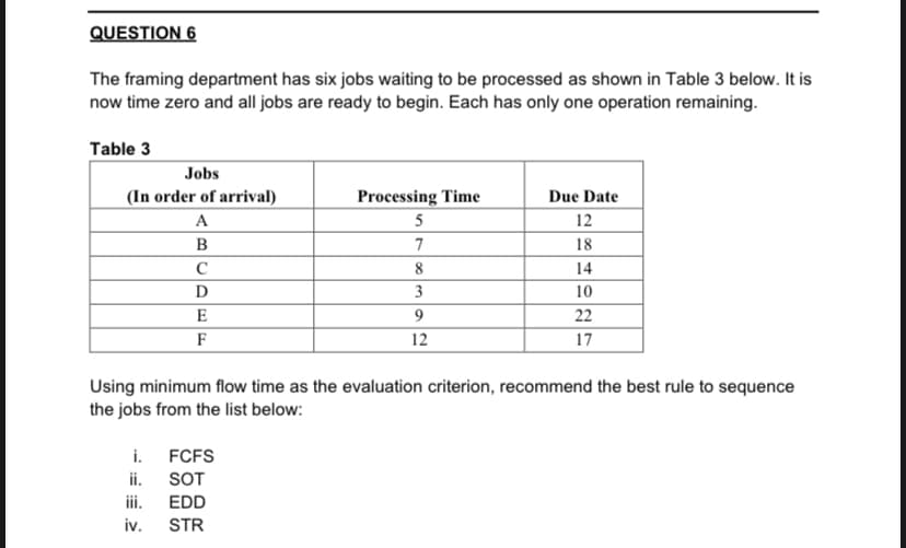 QUESTION 6
The framing department has six jobs waiting to be processed as shown in Table 3 below. It is
now time zero and all jobs are ready to begin. Each has only one operation remaining.
Table 3
Jobs
(In order of arrival)
Processing Time
Due Date
A
5
12
B
7
18
C
8.
14
D
3
10
E
9
22
F
12
17
Using minimum flow time as the evaluation criterion, recommend the best rule to sequence
the jobs from the list below:
i. FCFS
ii. SOT
iii.
EDD
iv.
STR
