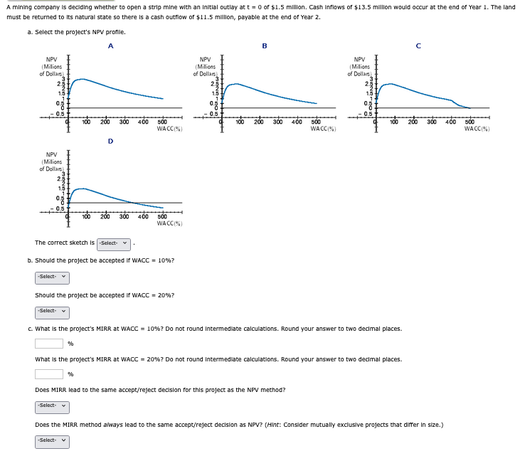 A mining company is deciding whether to open a strip mine with an initial outlay at t = 0 of $1.5 million. Cash inflows of $13.5 million would occur at the end of Year 1. The land
must be returned to its natural state so there is a cash outflow of $11.5 million, payable at the end of Year 2.
a. Select the project's NPV profile.
NPV
(Millions
of Dollars)
(Millions
of Dollars
(Milions
of Dollars)
།།།
2.5
1.5
100
WACC (%)
300
400
500
WACC (%)
WACC (%)
NPV
(Millions
of Dollars)
D
2.5
1.5
0.5
0.5
100
200 300 400
500
WACC (%)
The correct sketch is -Select-
b. Should the project be accepted if WACC = 10%?
-Select-
Should the project be accepted if WACC = 20%?
-Select-
c. What is the project's MIRR at WACC = 10%? Do not round intermediate calculations. Round your answer to two decimal places.
%
What is the project's MIRR at WACC = 20%? Do not round intermediate calculations. Round your answer to two decimal places.
%
Does MIRR lead to the same accept/reject decision for this project as the NPV method?
-Select-
Does the MIRR method always lead to the same accept/reject decision as NPV? (Hint: Consider mutually exclusive projects that differ in size.)
-Select- ✔
