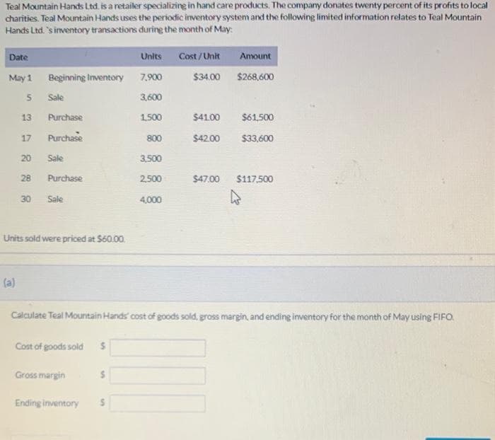 Teal Mountain Hands Ltd. is a retailer specializing in hand care products. The company donates twenty percent of its profits to local
charities. Teal Mountain Hands uses the periodic inventory system and the following limited information relates to Teal Mountain
Hands Ltd. 's inventory transactions during the month of May:
Date
Units
May 1 Beginning Inventory 7,900
5
3,600
1,500
13
(a)
17
20
28
30
Sale
Purchase
Purchase
Sale
Purchase
Sale
Units sold were priced at $60.00.
Cost of goods sold S
Gross margin
Ending inventory
800
3,500
2,500
4,000
$
Cost/Unit
$34.00
Amount
Calculate Teal Mountain Hands' cost of goods sold, gross margin, and ending inventory for the month of May using FIFO.
$268,600
$41.00 $61,500
$42.00 $33,600
$47.00 $117,500
A