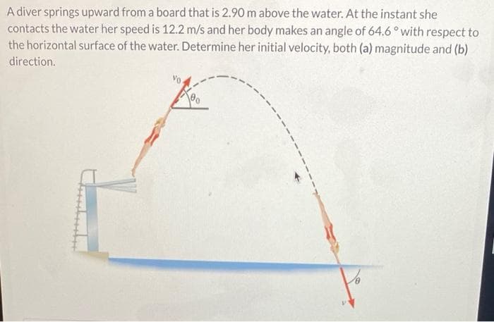 A diver springs upward from a board that is 2.90 m above the water. At the instant she
contacts the water her speed is 12.2 m/s and her body makes an angle of 64.6° with respect to
the horizontal surface of the water. Determine her initial velocity, both (a) magnitude and (b)
direction.
00