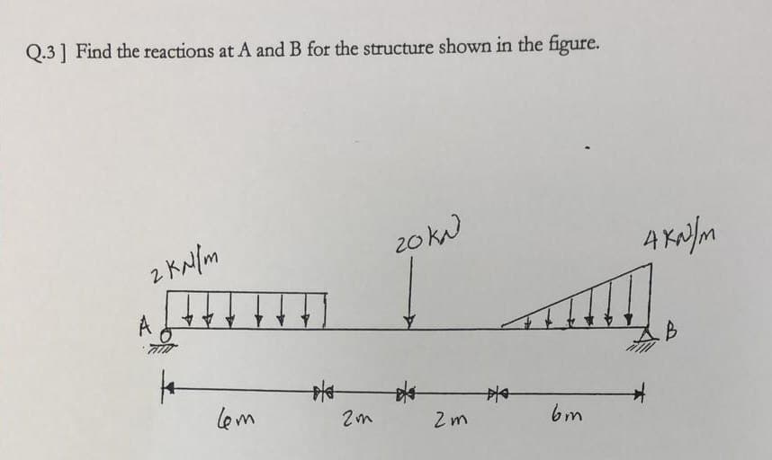 Q.3] Find the reactions at A and B for the structure shown in the figure.
2 kN/m
20KN
2m
|
lem
2m
bm
AKN/M