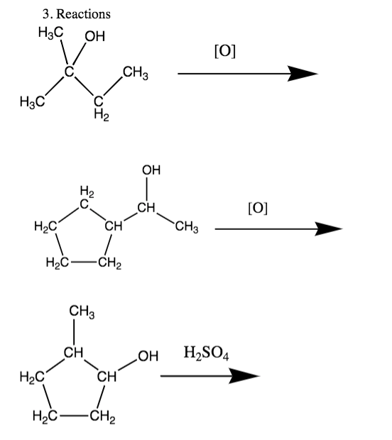 3. Reactions
H3C
OH
[0]
CH3
H3C
OH
H2
.C.
CH
CH
[0]
H2C
CH3
H2C-CH2
CH3
CH
HO
H,SO4
H2C
CH
H2C-CH2
