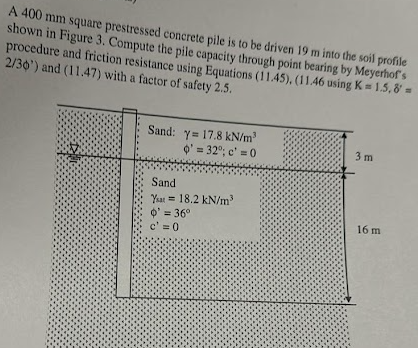 A 400 mm square prestressed concrete pile is to be driven 19 m into the soil profile
shown in Figure 3. Compute the pile capacity through point bearing by Meyerhof's
procedure and friction resistance using Equations (11.45), (11.46 using K = 1.5.8' =
2/30') and (11.47) with a factor of safety 2.5.
Sand: y= 17.8 kN/m³
'=32°; c' = 0
3 m
Sand
Ysat = 18.2 kN/m³
' = 36°
c' = 0
16 m