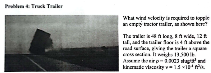 Problem 4: Truck Trailer
What wind velocity is required to topple
an empty tractor trailer, as shown here?
The trailer is 48 ft long, 8 ft wide, 12 ft
tall, and the trailer floor is 4 ft above the
road surface, giving the trailer a square
cross section. It weighs 13,500 lb.
Assume the airp = 0.0023 slug/ft³ and
kinematic viscosity v = 1.5 ×10+ ft²/s.