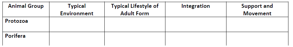 Animal Group
Protozoa
Porifera
Typical
Environment
Typical Lifestyle of
Adult Form
Integration
Support and
Movement