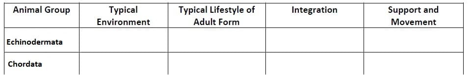 Animal Group
Echinodermata
Chordata
Typical
Environment
Typical Lifestyle of
Adult Form
Integration
Support and
Movement