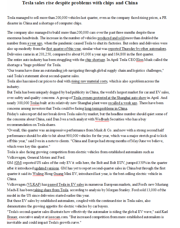 Tesla sales rise despite problems with chips and China
Tesla managed to sell more than 200,000 vehicles last quarter, even as the company faced rising prices, a PR
disaster in China and a shortage of computer chips.
The company also managed to build more than 200,000 cars over the past three months despite those
enormous headwinds. The increase in the number of vehicles produced and sold more than doubled the
number from a year ago, when the pandemic caused Tesla to shut its factories. But orders and deliveries were
also up modestly from the first quarter of this year, similar what was reported Thursday by other automakers.
Deliveries came in at 201,250, compared to about 91,000 a year ago and 184,800 in the first quarter.
The entire auto industry has been struggling with the chip shortage. In April Tesla CEO Elon Musk called the
shortage a "huge problem" for Tesla.
"Our teams have done an outstanding job navigating through global supply chain and logistics challenges,"
said Tesla's statement about second-quarter sales.
Tesla also has raised car prices to deal with rising raw material costs, which is also a problem across the
industry.
But Tesla has been uniquely dogged by bad publicity in China, the world's largest market for car and EV sales,
over safety and quality concems. A group of Tesla owners protested at the Shanghai auto show in April. And
nearly 300,000 Teslas built at its relatively new Shanghai plant were recalled a week ago. There have been
concerns among investors that Tesla could be facing long-termproblems in China.
Friday's sales report did not break down Tesla sales by market, but the headline number should quiet some of
the concerns about China, said Dan Ives a tech analyst with Wedbush Securities who has a buy
recommendation on Tesla shares.
"Overall, this quarter was an impressive performance from Musk & Co. and now with a strong second half
performance should be able to hit about 900,000 vehicles for the year, which was a major stretch goal to kick
off this year," said Ives in a note to clients. "China and Europe had strong months of May/June we believe,
which were key this quarter."
Tesla is also facing growing competition from electric vehicles from established automakers such as
Volkswagen, General Motors and Ford.
GM (GM) reported US sales of the only EV it sells here, the Bolt and Bolt EUV, jumped 350% in the quarter
after it introduced updated versions. GM has yet to report second-quarter sales in China but through the first
quarter it said its Wuling Hong Guang Mini EV, introduced last year, is the best-selling electric vehicle in
China.
Volkswagen (VLKAF) has passed Tesla in EV sales in numerous European markets, and Ford's new Mustang
Mach-E has been taking share from Tesla, according to analysis by Morgan Stanley. Ford sold 13,000 of the
model in the US since deliveries started earlier this year.
But those EV sales by established automakers, coupled with the continued rise in Tesla sales, also
demonstrates the growing appetite for electric vehicles by car buyers.
"Tesla's second-quarter sales illustrate how effectively the automaker is riding the global EV wave," said Karl
Brauer, executive analyst at iseecars.com "But increased competition from more established automakers is
inevitable and could impact Tesla's growth curve."