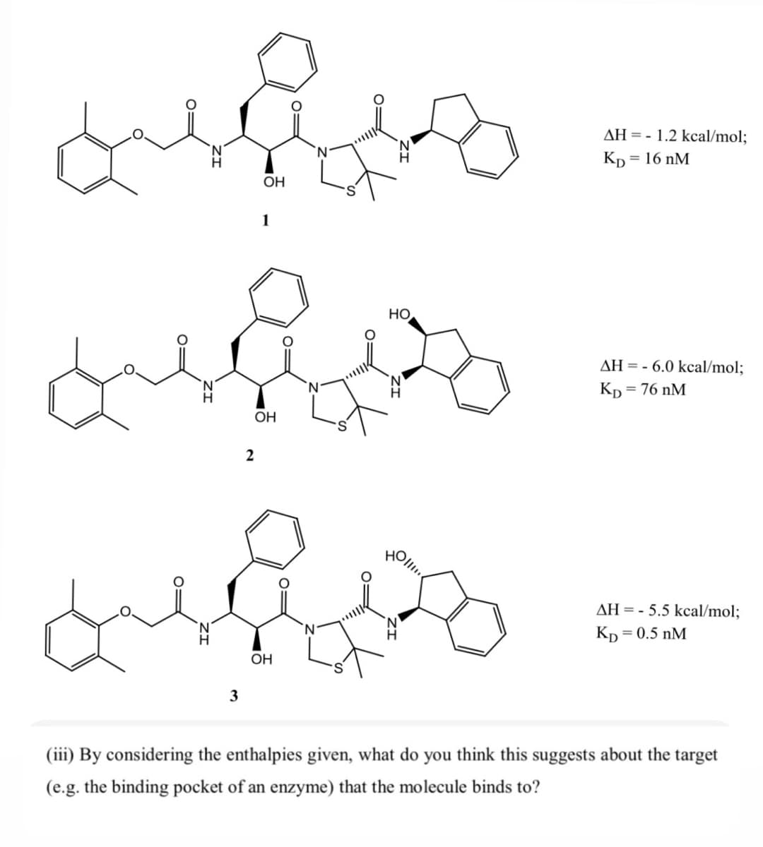 AH = - 1.2 kcal/mol;
Kp = 16 nM
OH
1
HO
AH = - 6.0 kcal/mol;
N.
Kp =
= 76 nM
OH
2
HOl.
AH = - 5.5 kcal/mol;
Kp = 0.5 nM
OH
(iii) By considering the enthalpies given, what do you think this suggests about the target
(e.g. the binding pocket of an enzyme) that the molecule binds to?
