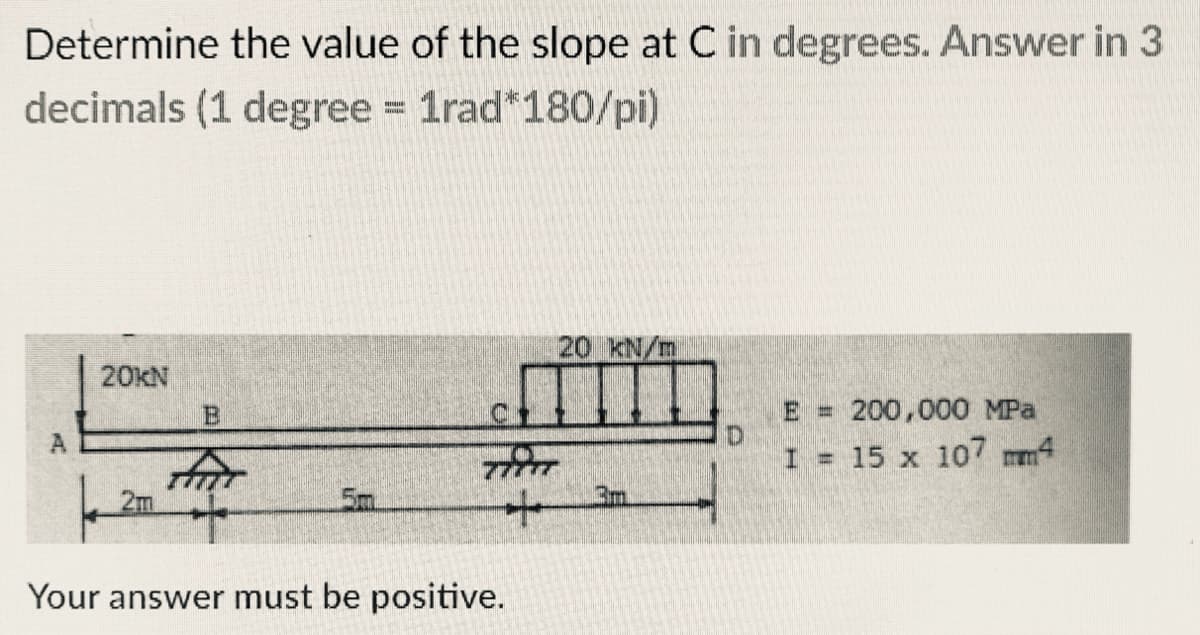 Determine the value of the slope at C in degrees. Answer in 3
decimals (1 degree 1rad*180/pi)
20 KN/m
20KN
E = 200,000 MPa
A
I = 15 x 107 mm4
5m
3m.
Your answer must be positive.
