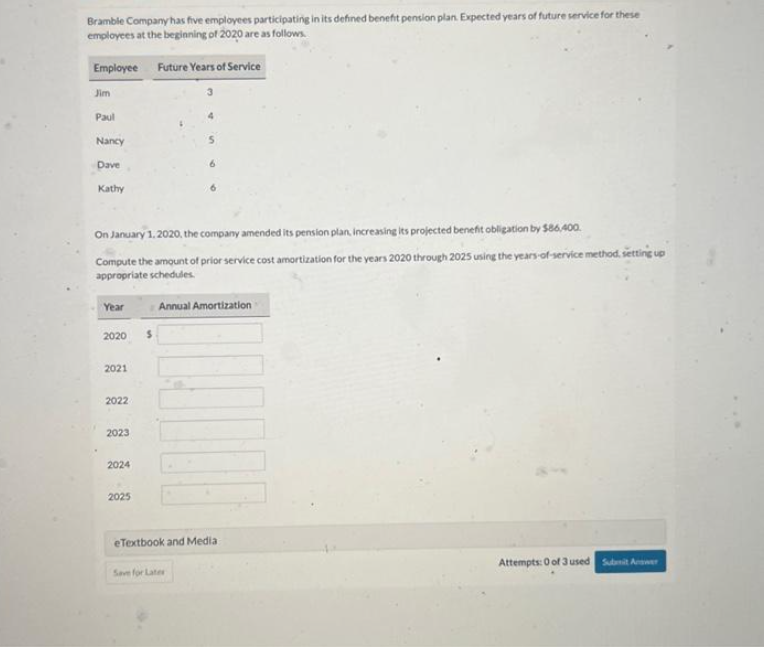 Bramble Company has five employees participating in its defined benefit pension plan. Expected years of future service for these
employees at the beginning of 2020 are as follows.
Employee Future Years of Service
Jim
Paul
Nancy
Dave
Kathy
On January 1, 2020, the company amended its pension plan, increasing its projected benefit obligation by $86,400.
Compute the amount of prior service cost amortization for the years 2020 through 2025 using the years-of-service method. setting up
appropriate schedules.
Annual Amortization
Year
2020
2021
2022
2023
2024
2025
S
100
eTextbook and Media:
Save for Later
Attempts: 0 of 3 used Submit Answer