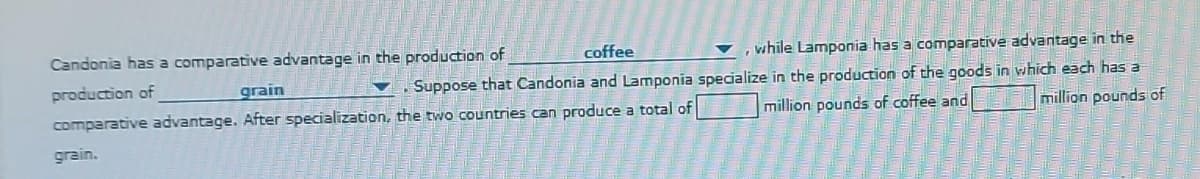 coffee
while Lamponia has a comparative advantage in the
Suppose that Candonia and Lamponia specialize in the production of the goods in which each has a
Candonia has a comparative advantage in the production of
grain
▼
production of
comparative advantage. After specialization, the two countries can produce a total of
grain.
million pounds of coffee and
N
ME TENTAT
10
2. S
million pounds of
19 M
IN
TELLUS
C
0
100554