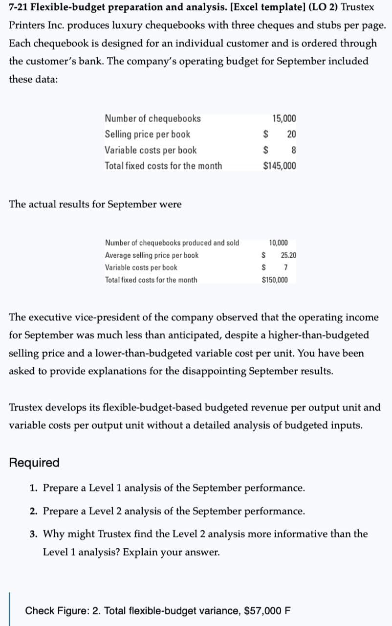 7-21 Flexible-budget preparation and analysis. [Excel template] (LO 2) Trustex
Printers Inc. produces luxury chequebooks with three cheques and stubs per page.
Each chequebook is designed for an individual customer and is ordered through
the customer's bank. The company's operating budget for September included
these data:
Number of chequebooks
Selling price per book
Variable costs per book
Total fixed costs for the month
The actual results for September were
Number of chequebooks produced and sold
Average selling price per book
Variable costs per book
Total fixed costs for the month
15,000
$ 20
S
8
$145,000
10,000
S
25.20
S
7
$150,000
The executive vice-president of the company observed that the operating income
for September was much less than anticipated, despite a higher-than-budgeted
selling price and a lower-than-budgeted variable cost per unit. You have been
asked to provide explanations for the disappointing September results.
Trustex develops its flexible-budget-based budgeted revenue per output unit and
variable costs per output unit without a detailed analysis of budgeted inputs.
Required
1. Prepare a Level 1 analysis of the September performance.
2. Prepare a Level 2 analysis of the September performance.
3. Why might Trustex find the Level 2 analysis more informative than the
Level 1 analysis? Explain your answer.
Check Figure: 2. Total flexible-budget variance, $57,000 F