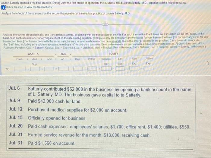 Lauren Satterly opened a medical practice. During July, the first month of operation, the business, titled Lauren Satterly, M.D., experienced the following events
(Click the icon to view the transactions.)
Analyze the effects of these events on the accounting equation of the medical practice of Lauren Satterly. M.D.
Analyze the events chronologically, one transaction at a time, beginning with the transaction on the 6th. For each transaction that follows the transaction on the 6th, calculate the
balance in each account after analyzing its effect on the accounting equation (Complete only the necessary answer boxes for your transaction lines [Do not enter any zeros for your
transaction lines] For transactions with the same date, be sure to enter each transaction on a separate line in the order presented in the problem Carry down all balances to
the "Bal" line, including zero balance accounts, entering a "0" for any zero balances Enter a decrease in an account with a minus sign or parentheses Abbreviations used A/P
Accounts Payable: Cap Satterly, Capital Exp Expense, Liab Liabilities, Med-Medical Rev. Revenue, Sal Salaries: Sup Supplies. Withdr-Satterly. Withdrawals)
EQUITY
716
Cash
Jul. 6
Jul. 9
Jul. 12
Jul. 15
Jul. 20
Jul. 31
Jul. 31
ASSETS
Med
Sup
Land
LIAB.
A/P
Cap
Withdr
Service
Rev
Sal
Exp
Rent
Exp
Utiles
Exp
Satterly contributed $52,000 in the business by opening a bank account in the name
of L. Satterly, MD. The business gave capital to to Satterly.
Paid $42,000 cash for land.
Purchased medical supplies for $2,000 on account.
Officially opened for business.
Paid cash expenses: employees' salaries, $1,700, office rent, $1,400; utilities, $550.
Earned service revenue for the month, $13,000, receiving cash.
Paid $1,550 on account.