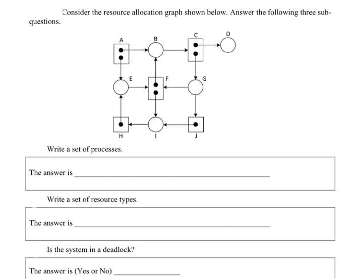 Consider the resource allocation graph shown below. Answer the following three sub-
questions.
D
Write a set of processes.
The answer is
Write a set of resource types.
The answer is
Is the system in a deadlock?
The answer is (Yes or No).
