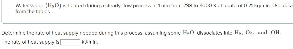 Water vapor (H2O) is heated during a steady-flow process at 1 atm from 298 to 3000 K at a rate of 0.21 kg/min. Use data
from the tables.
Determine the rate of heat supply needed during this process, assuming some H₂O dissociates into H₂, O2, and OH.
The rate of heat supply is
kJ/min.