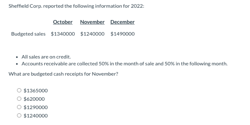 Sheffield Corp. reported the following information for 2022:
October November December
$1240000 $1490000
Budgeted sales $1340000
. All sales are on credit.
• Accounts receivable are collected 50% in the month of sale and 50% in the following month.
What are budgeted cash receipts for November?
O $1365000
O $620000
O $1290000
O $1240000