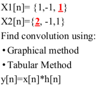 X1[n]= {1,-1, 1}
X2[n]={2, -1,1}
Find convolution using:
• Graphical method
• Tabular Method
y[n]=x[n]*h[n]
