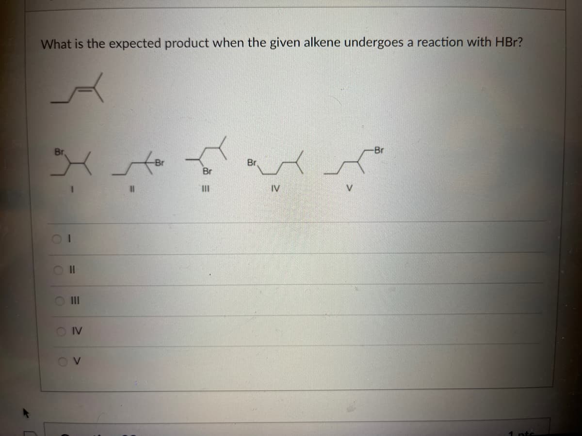 What is the expected product when the given alkene undergoes a reaction with HBr?
I
=
OIV
OV
Br
مہر یہ ہے
Br
IV
1 ntc