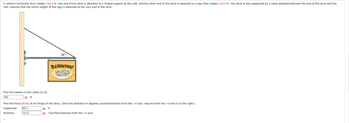 A uniform horizontal strut weighs 340.0 N. One end of the strut is attached to a hinged support at the wall, and the other end of the strut is attached to a sign that weighs 150.0 N. The strut is also supported by a cable attached between the end of the strut and the
wall. Assume that the entire weight of the sign is attached at the very end of the strut.
Find the tension in the cable (in N).
980
XN
30°
Restaurant
Find the force (in N) at the hinge of the strut. (Give the direction in degrees counterclockwise from the +x-axis. Assume that the +x-axis is to the right.)
862.1
magnitude
direction
10.02
X N
X °counterclockwise from the +x-axis