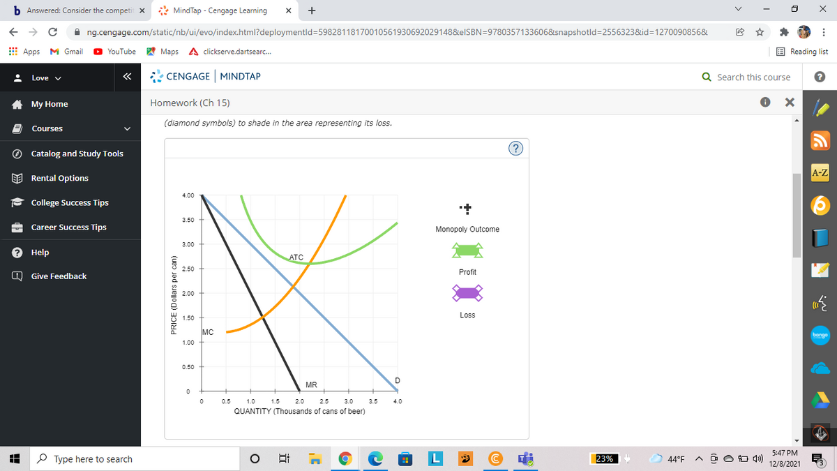 b. Answered: Consider the competit X
* MindTap - Cengage Learning
A ng.cengage.com/static/nb/ui/evo/index.html?deploymentld=59828118170010561930692029148&elSBN=9780357133606&snapshotld=2556323&id=1270090856&
E Apps M Gmail
YouTube A Maps A clickserve.dartsearc.
E Reading list
«
* CENGAGE MINDTAP
Q Search this course
Love v
A My Home
Homework (Ch 15)
(diamond symbols) to shade in the area representing its loss.
Courses
(?
O Catalog and Study Tools
A-Z
EE Rental Options
4.00
P College Success Tips
3.50
Career Success Tips
Monopoly Outcome
3.00
? Help
ATC
2.50
Profit
O Give Feedback
2.00
Loss
1.50
MC
bongo
1.00
0.50
MR
0.5
1.0
1.5
2.0
2.5
3.0
3.5
4.0
QUANTITY (Thousands of cans of beer)
5:47 PM
P Type here to search
L
23%
44°F
O O O 4»)
12/8/2021
PRICE (Dollars per can)
x ...
