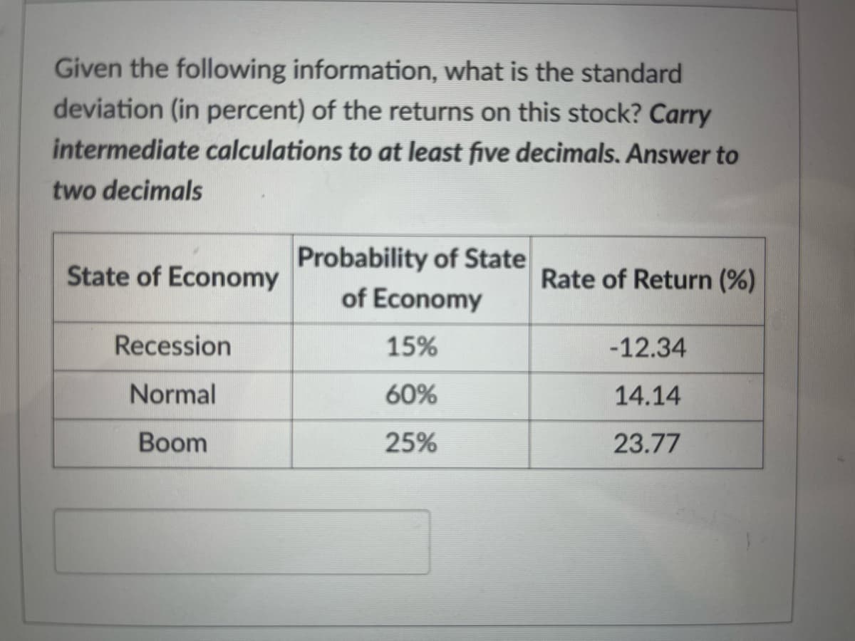 Given the following information, what is the standard
deviation (in percent) of the returns on this stock? Carry
intermediate calculations to at least five decimals. Answer to
two decimals
Probability of State
State of Economy
Rate of Return (%)
of Economy
Recession
15%
-12.34
Normal
60%
14.14
Boom
25%
23.77