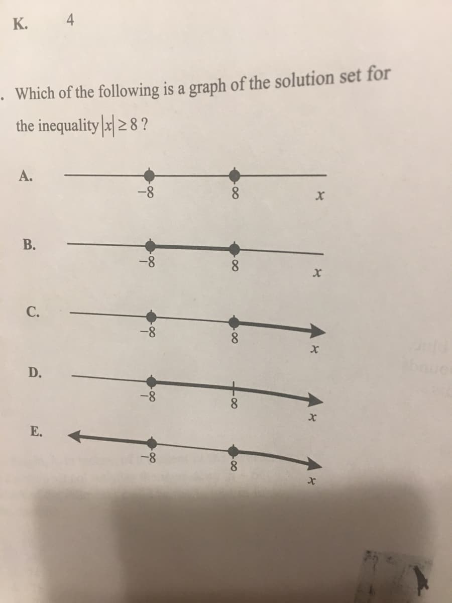 K. 4
• Which of the following is a graph of the solution set for
the inequality x| 2 8 ?
А.
-8
8.
-8
8
С.
D.
8.
Е.
8-
8.
B.
