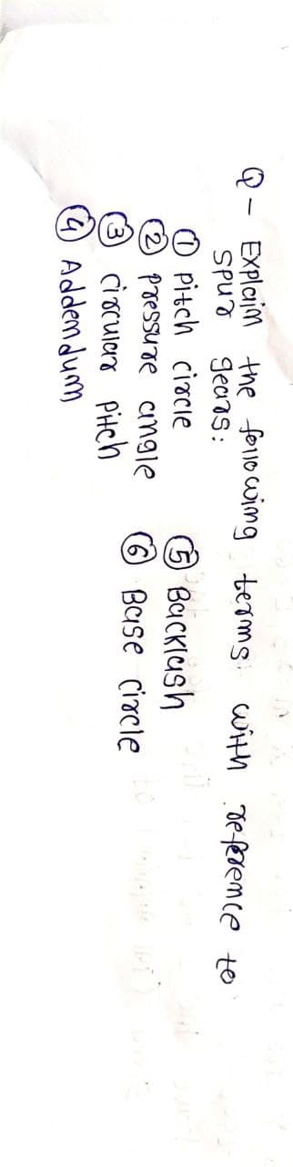 Q
Explain the following terms with reference to
Spur gears:
①Pitch circle
2 pressure angle
3
Circular Pitch
⑤Backlash
⑥ Base Circle
4 Addendum