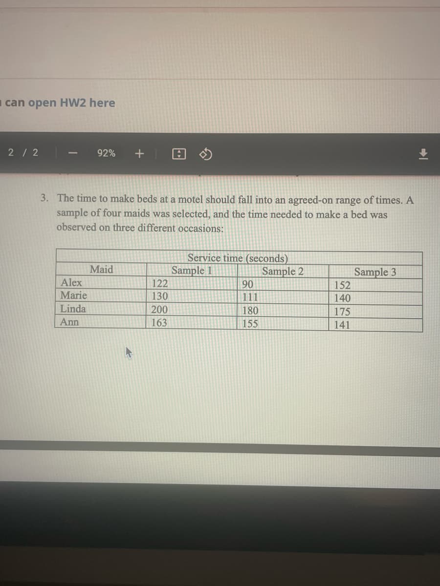 can open HW2 here
2 / 2
1
92% +
Alex
Marie
Linda
Ann
3. The time to make beds at a motel should fall into an agreed-on range of times. A
sample of four maids was selected, and the time needed to make a bed was
observed on three different occasions:
Maid
+
122
130
200
163
Service time (seconds)
Sample 1
90
111
180
155
Sample 2
152
140
175
141
Sample 3