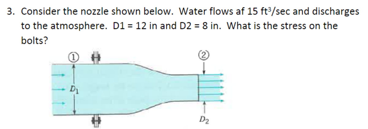 3. Consider the nozzle shown below. Water flows af 15 ft³/sec and discharges
to the atmosphere. D1 = 12 in and D2 = 8 in. What is the stress on the
bolts?
D₂