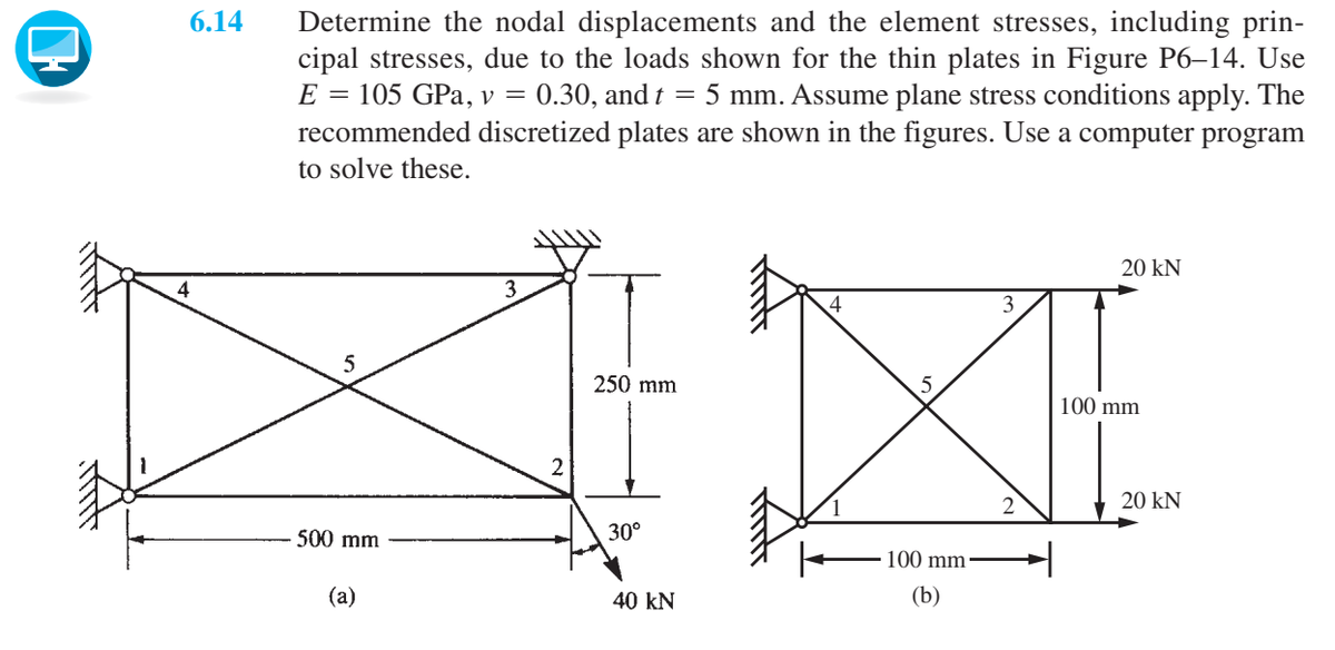 ΠΗ
6.14
Determine the nodal displacements and the element stresses, including prin-
cipal stresses, due to the loads shown for the thin plates in Figure P6-14. Use
E = 105 GPa, v = 0.30, and t = 5 mm. Assume plane stress conditions apply. The
recommended discretized plates are shown in the figures. Use a computer program
to solve these.
5
500 mm
(a)
3
2
20 kN
3
250 mm
5
100 mm
30°
40 kN
100 mm
(b)
2
20 kN