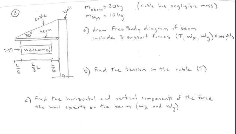 Mbeom? 20kg
(coble has negligible mass)
wall
cable
Msign
10 leg
a) draw Free Buoly diagrom of beom
include 3 smpport forces (T, Wx, Wy) d weights
%3D
30° beom
sign -→ welcome!!
b) Find thee tension in the cable (T)
c) Find the horizontal ond vertizal components of the force
the well exerts on the beam (Wx and Wy)
