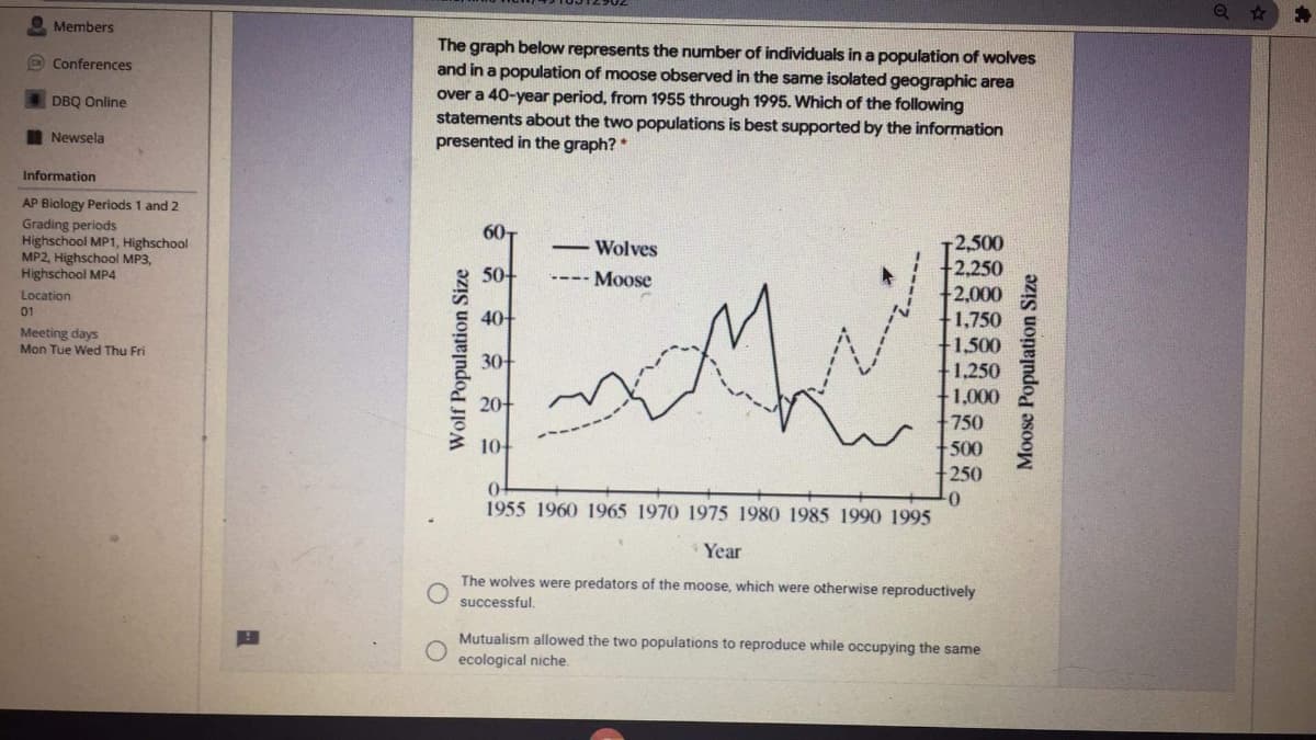 Members
The graph below represents the number of individuals in a population of wolves
and in a population of moose observed in the same isolated geographic area
over a 40-year period, from 1955 through 1995. Which of the following
statements about the two populations is best supported by the information
presented in the graph? *
O Conferences
DBQ Online
I Newsela
Information
AP Biology Periods 1 and 2
Grading periods
Highschool MP1, Highschool
MP2, Highschool MP3,
Highschool MP4
60
2,500
2,250
2,000
1,750
1,500
Wolves
50-
Moose
Location
01
40
Meeting days
Mon Tue Wed Thu Fri
30
1,250
20
1,000
750
10-
500
250
1955 1960 1965 1970 1975 1980 1985 1990 1995
Year
The wolves were predators of the moose, which were otherwise reproductively
successful.
Mutualism allowed the two populations to reproduce while occupying the same
ecological niche.
