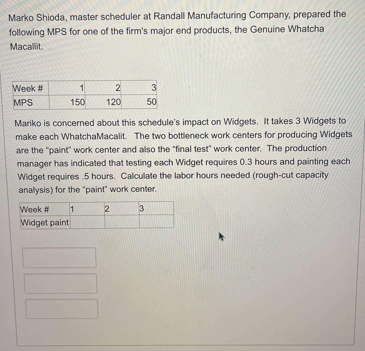 Marko Shioda, master scheduler at Randall Manufacturing Company, prepared the
following MPS for one of the firm's major end products, the Genuine Whatcha
Macallit.
Week #
MPS
2
150
120
50
Mariko is concerned about this schedule's impact on Widgets. It takes 3 Widgets to
make each Whatcha Macalit. The two bottleneck work centers for producing Widgets
are the "paint" work center and also the "final test" work center. The production
manager has indicated that testing each Widget requires 0.3 hours and painting each
Widget requires .5 hours. Calculate the labor hours needed (rough-cut capacity
analysis) for the "paint" work center.
Week #
11
2
3
Widget paint